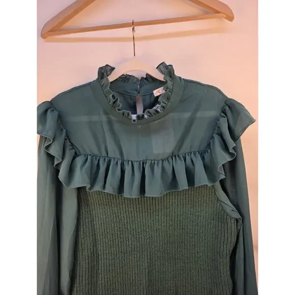 Kirundo Women's extra Large Sweater NWT Green Sheer High Collar Ruffle Preppy - Picture 2 of 16